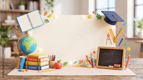 Colorful Classroom Decoration Setup With Books, Globe, and School Supplies fo...