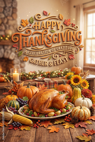 Thanksgiving Celebration With Turkey, Side Dishes, and Decorations in a Cozy ...