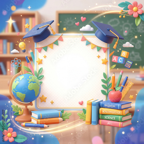 Colorful Classroom Decoration Setup With Books, Globe, and School Supplies fo...