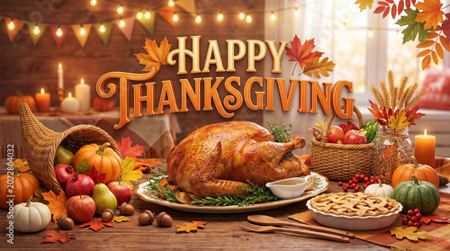 Thanksgiving Dinner With a Turkey, Pies, and Autumn Decorations on a Table