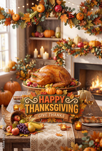 Thanksgiving Dinner Setting With Turkey, Pumpkins, and Autumn Decorations in ...