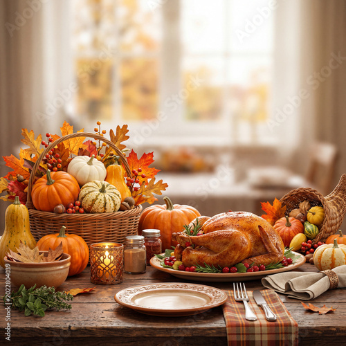 Decorative Fall Display With Pumpkins, Leaves, and Candles in a Rustic Dining...