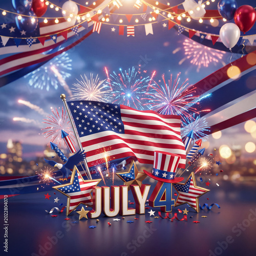 Fourth of July Celebration With Stars, Flags, and Fireworks in a Festive Display
