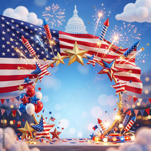 Celebration With Balloons, Fireworks, and Flags in a Festive Scene for a Nati...