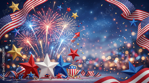 Fireworks Display Above Stars and Stripes Decorations for Celebration Event i...