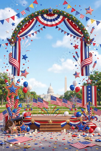 Fireworks and Celebration Decorations Near a Historic Building With Flags and...