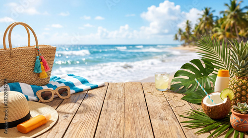 Relaxing Beach Scene With Drinks and Summer Essentials in the Daytime