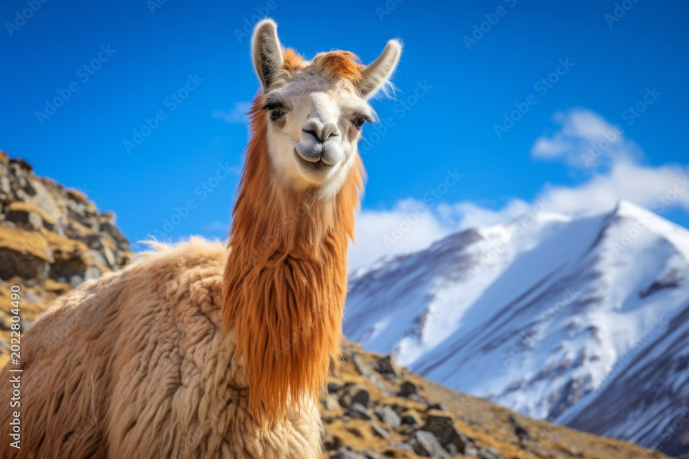 Fototapeta premium Alpaca close portrait mountains background bright sky travel animal scenic