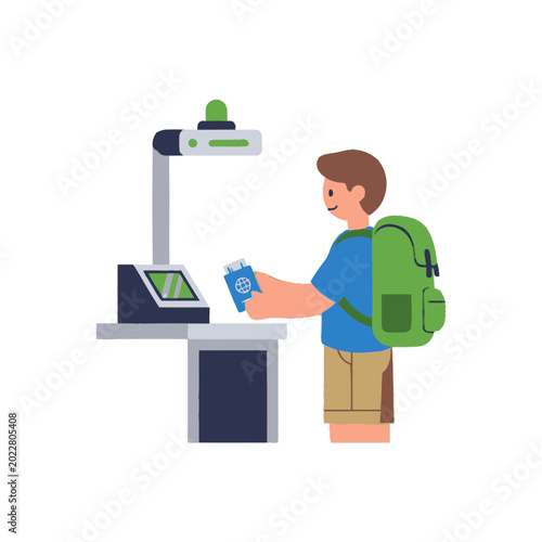 Tableau sur toile Young Man with Backpack at Airport Check-in Counter Holding Passport