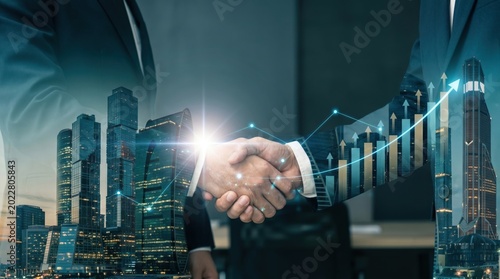 Businessman shake hand with partner to celebration partnership and business deal for business merger and acquisition, Business cooperation, Investment and finance, Successful business