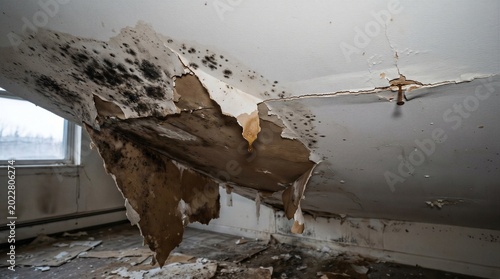 Severe water damage causing peeling drywall and black mold growth on a collapsing residential room ceiling.