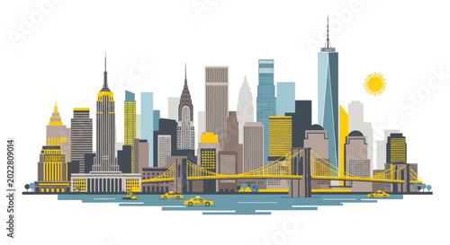 Bilde på lerret New York City Skyline Illustration: Iconic Buildings, Bridges, and Yellow Cabs