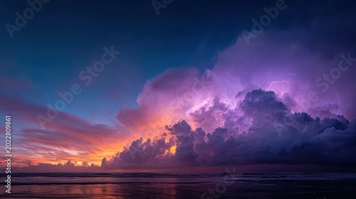 Electric Sky Symphony: A dramatic seascape unfolds as lightning illuminates a colossal, bruised cloud formation against a backdrop of a vibrant sunset.