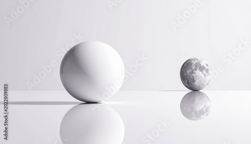 Large Minimal Sphere Facing a Detailed Moon on a Reflective White Surface