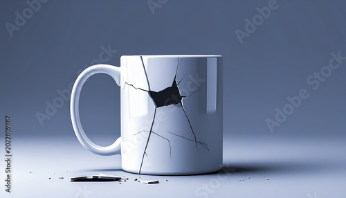 Cracked White Coffee Mug with Dramatic Fracture Detail on a Minimal Blue Background