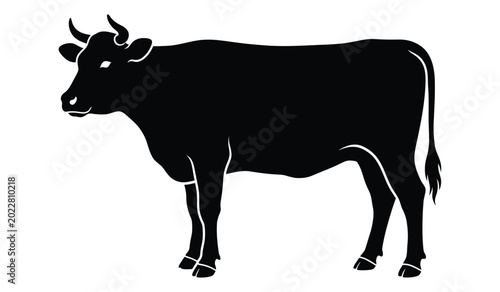 Black cow standing in profile detailed outline against a white background silhouette