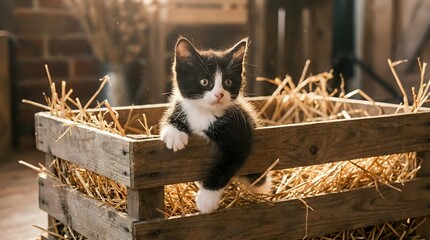 Cute black and white kitten peeking over the edge of a rustic wooden crate filled with golden straw in a cozy barn setting.