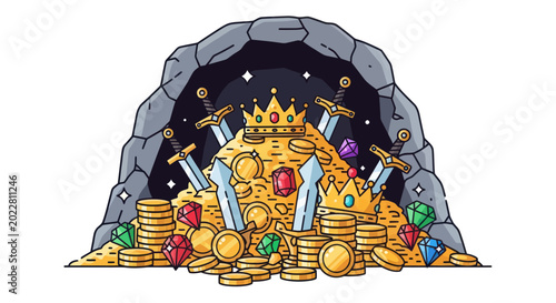 Foto Treasure Cave with Gold Coins, Jewels, Crowns and Swords