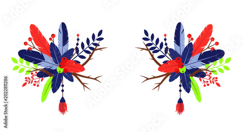 Fotografie Boho Floral Arrangement with Feathers and Berries, Twin Design