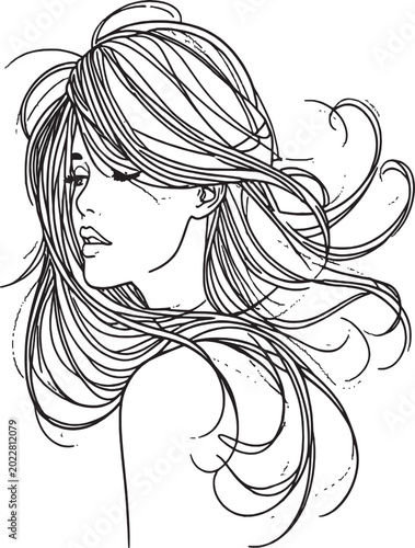 Photos Dynamic vector line art illustration of a woman looking sideways with beautiful windblown hair