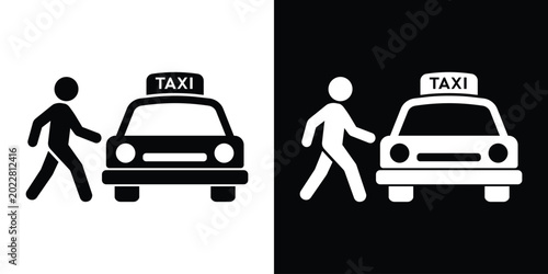 Pedestrian walking next to a taxi cab icon. Black and white vector symbol representing passenger boarding, ride hailing, crosswalk safety, and public urban transit.