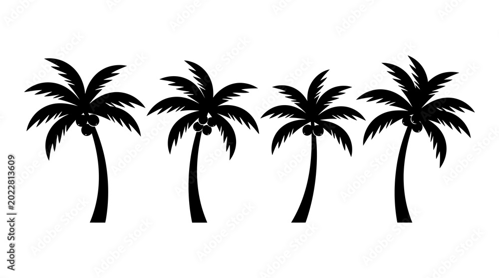 Obraz premium Four black silhouette palm trees with coconuts, tropical vacation design element