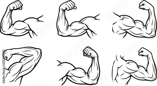 Quadro su tela Bicep Muscle Flexing Icons Set - Strong Human Arm Silhouette Vector Illustration