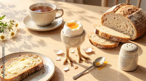 Warm summer morning breakfast setup with soft boiled egg in quirky chicken feet holder, fresh sourdough bread, butter toast and hot coffee.