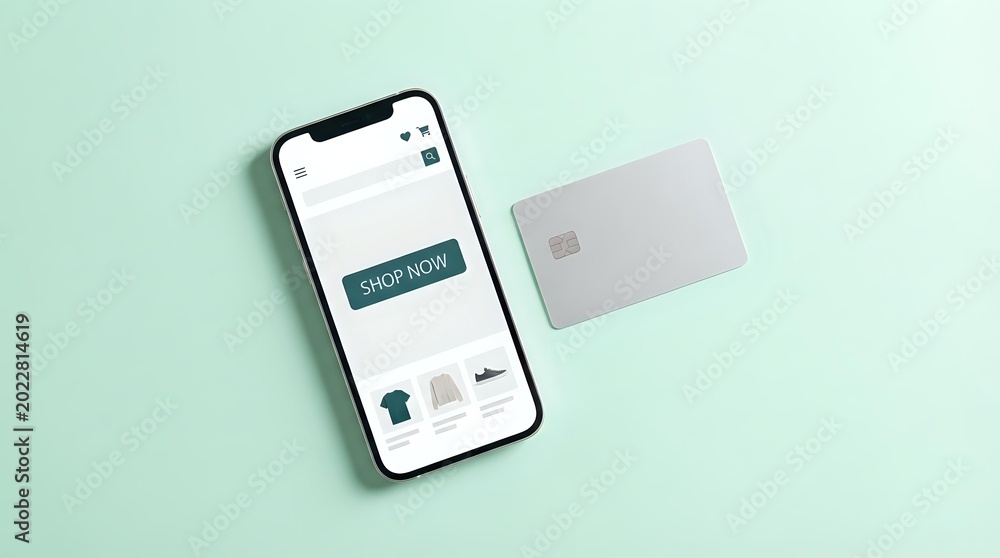 Fototapeta premium Smartphone displaying online shopping app with shop now button beside a credit card on mint green background for e-commerce concepts.