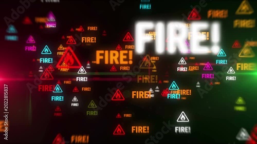 Fire alert symbol light flashing on screen. Fly between Flame danger warning icon. Loopable and seamless abstract concept.