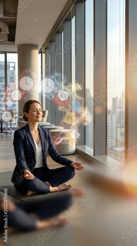 Calm businesswoman in a suit meditating in a modern office, surrounded by floating clocks and email icons, symbolizing work-life balance and stress relief.