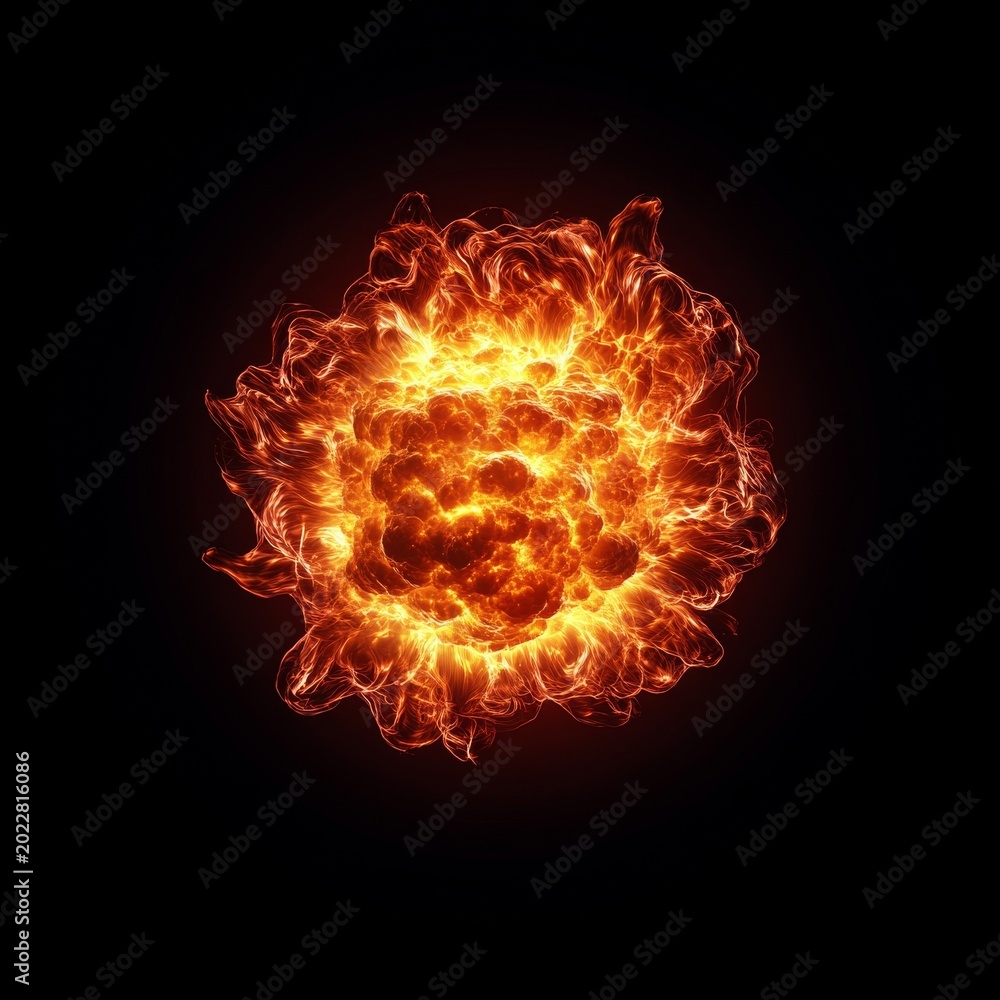 Fototapeta premium Dynamic central fiery burst, a vivid orange-red explosion on black, embodying intense raw energy and primal cosmic power. Explosion, Energy