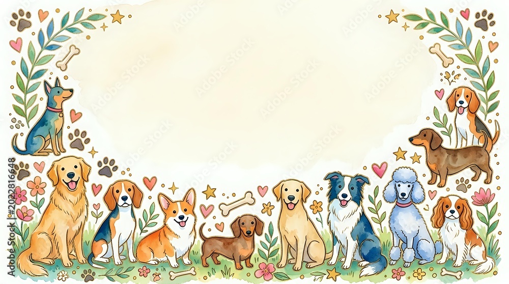 Obraz premium Adorable dogs of various breeds sitting together in decorative floral frame with paw prints and hearts on cream background for pet lovers designs.