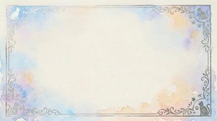 Elegant vintage frame border with soft watercolor splashes in pastel blue, purple and orange tones on light background for invitations and greeting cards.