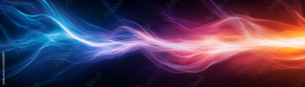 Fototapeta premium Dynamic Spectrum Flow Abstract digital energy waves in a luminous blue-purple-orange gradient on dark, symbolizing a vibrant data current. ,Abstract Art ,Light Waves