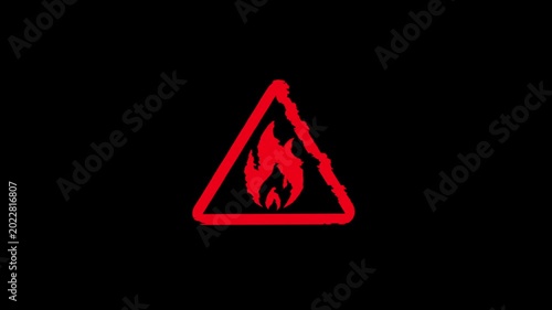Fire alert symbol light flashing on screen. Flame danger warning icon on display. Loopable and seamless abstract concept with noise and modern glitch.