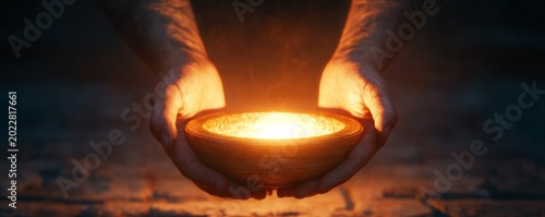 Hands cradle an ornate, glowing bowl emitting intense golden light, casting warmth in profound darkness. A mystical beacon, it symbolizes sacred energy and life. Ritual, Hope