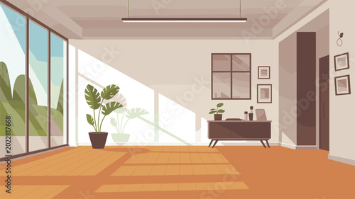 A bright contemporary living room interior features a large monstera plant next to floor-to-ceiling glass windows with soft natural sunlight casting shadows on the wooden floor.