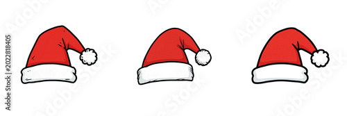 Foto Festive red Santa Claus hats with white pom-poms isolated on white background, c