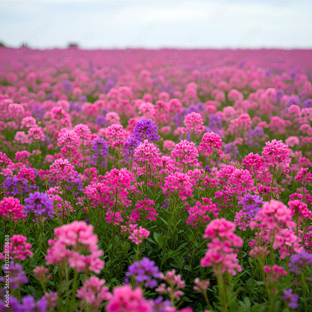 Fototapeta premium Vibrant field of pink and purple wildflowers under a cloudy sky.