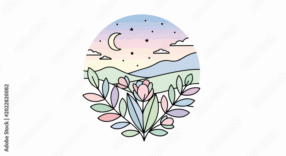 Fototapeta premium Moonlit Floral Night Sky Landscape.