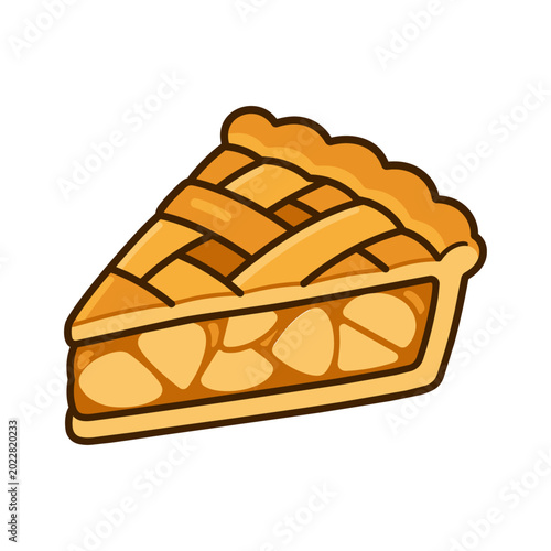 Vector illustration of an apple pie slice with lattice pastry crust and apple filling.
Warm baked colors and crispy pie texture create a cozy bakery atmosphere.