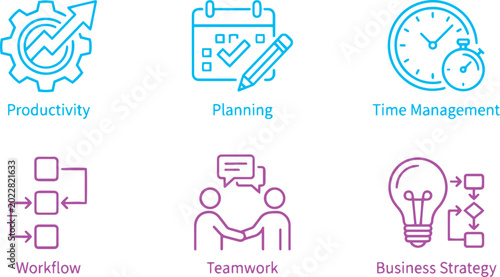 Process improvement and workflow solid icon set. Featuring process optimization, continuous improvement, agile workflow, and cost reduction. Vector icons for business operations and presentations line