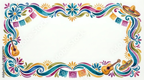 Colorful Mexican fiesta border with guitars, sombreros, papel picado, and floral ornaments on white background, isolated for festive design use.