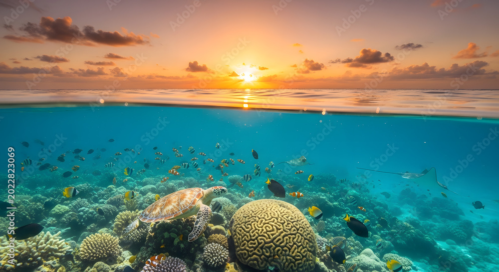 Fototapeta premium Breathtaking splitlevel view of a vibrant coral reef at sunset