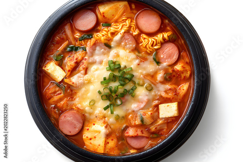 Modern Korean Army Stew with Cheese and Vegetables in Bowl with Noodles and Sausages