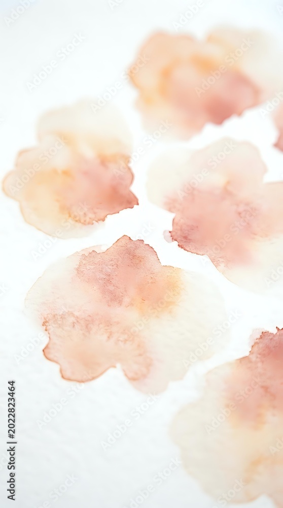 Fototapeta premium Soft watercolor stains in warm peach and coral tones on white paper texture for artistic backgrounds and creative projects.