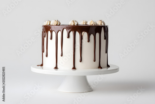 Modern Drip Cake Photographed with Full View on Pure White Background Featuring Chocolate Ganache and Whipped Cream