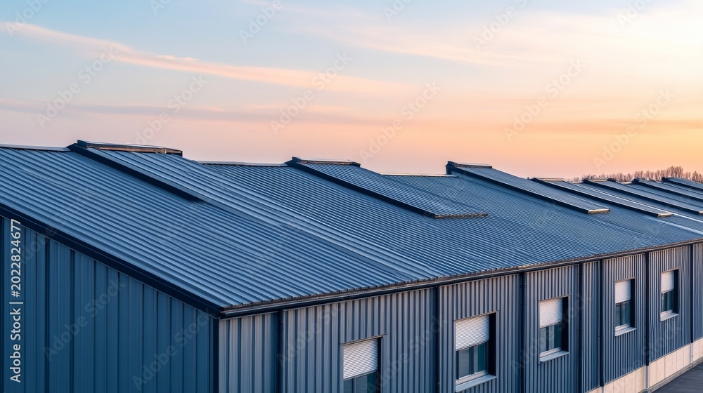 Obraz premium Diagonal perspective of a blue corrugated metal industrial building's roof and walls, highlighting linear patterns against a serene pastel sky at dusk. Industrial, Roofing