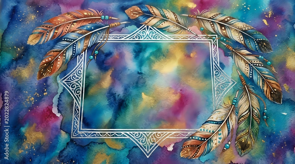 Naklejka premium Ornate feather frame with geometric border on vibrant cosmic watercolor background for bohemian design projects and spiritual artwork.